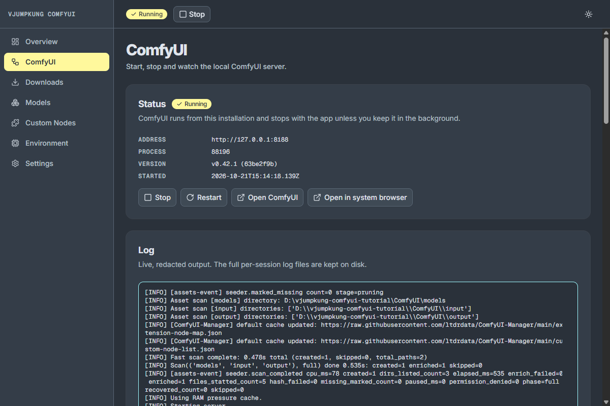 ComfyUI กำลังทำงาน พร้อม Log แบบ Real-time