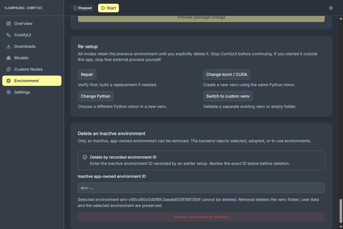ส่วน Re-setup และ Delete an inactive environment