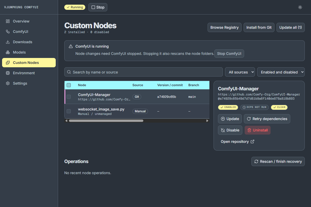แถบแจ้งให้ปิด ComfyUI ก่อนจัดการ Custom Nodes