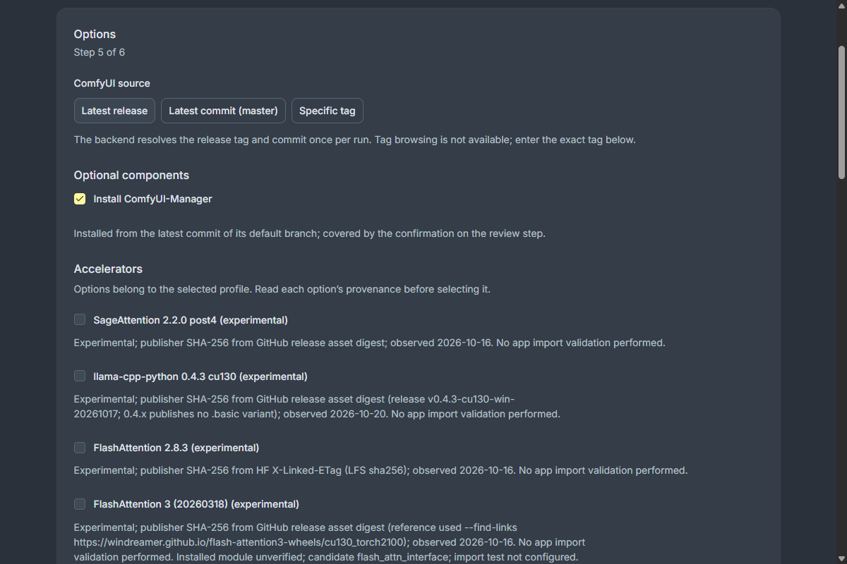 หน้า Options ส่วน ComfyUI source, Manager และ Accelerators