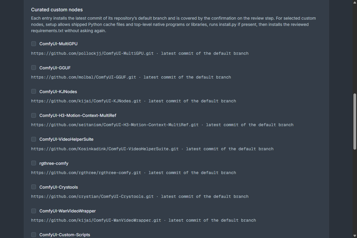 รายการ Curated custom nodes ที่เลือกติดตั้งได้
