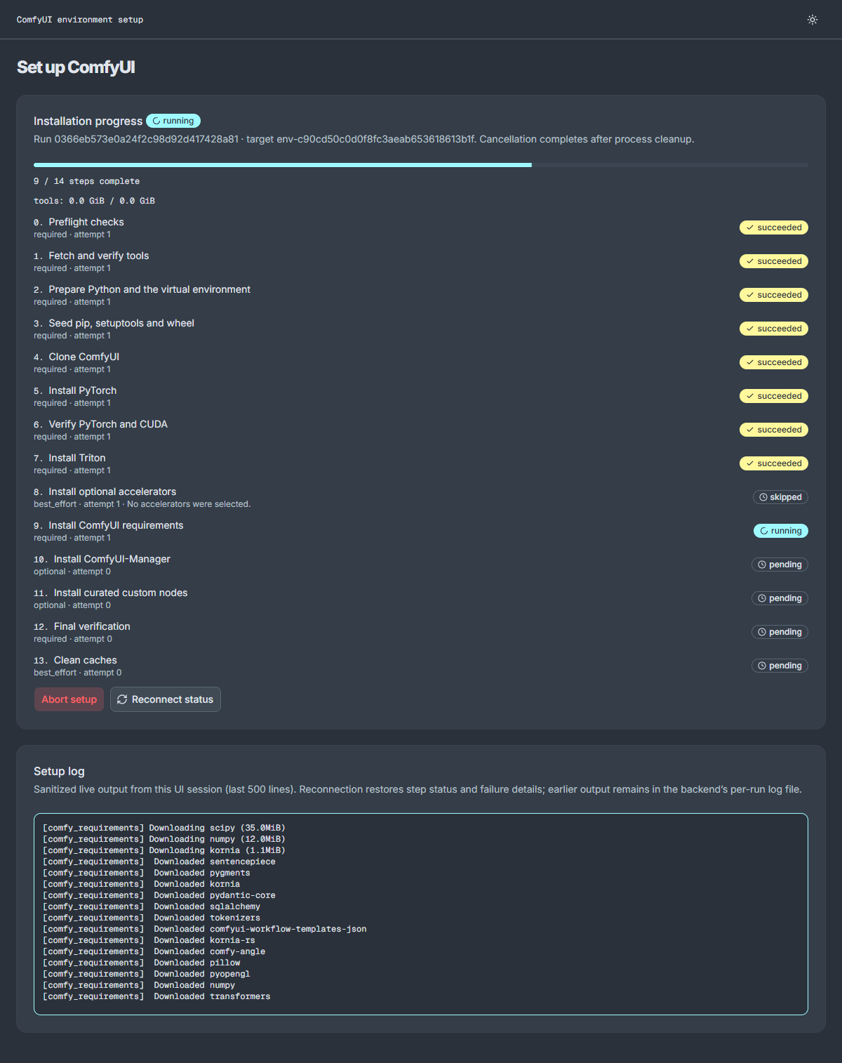 ระหว่างติดตั้ง แสดงสถานะแต่ละขั้นและ Setup log